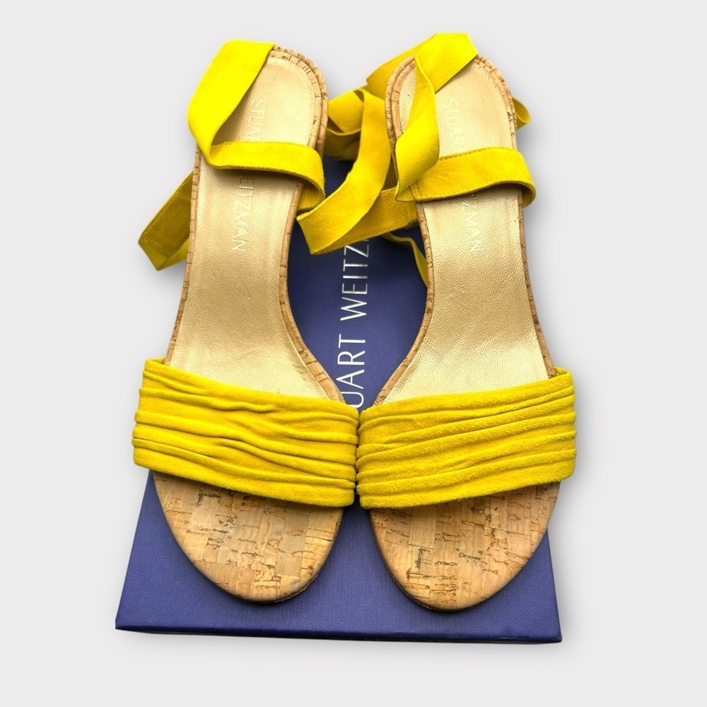 Stuart Weitzman Swiftycork Jonquil Yellow Suede Cork Heel Sandals Sz 7 M Box - Picture 4 of 8